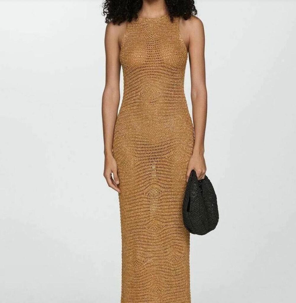MANGO MNG Metallic Gold Open-Knit Crochet Maxi Dress Swim Cover-Up - XS